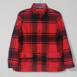 Talbots Jacket Womens Petite XL Wool Blend Plaid Red Black Barn Coat Cozy Winter